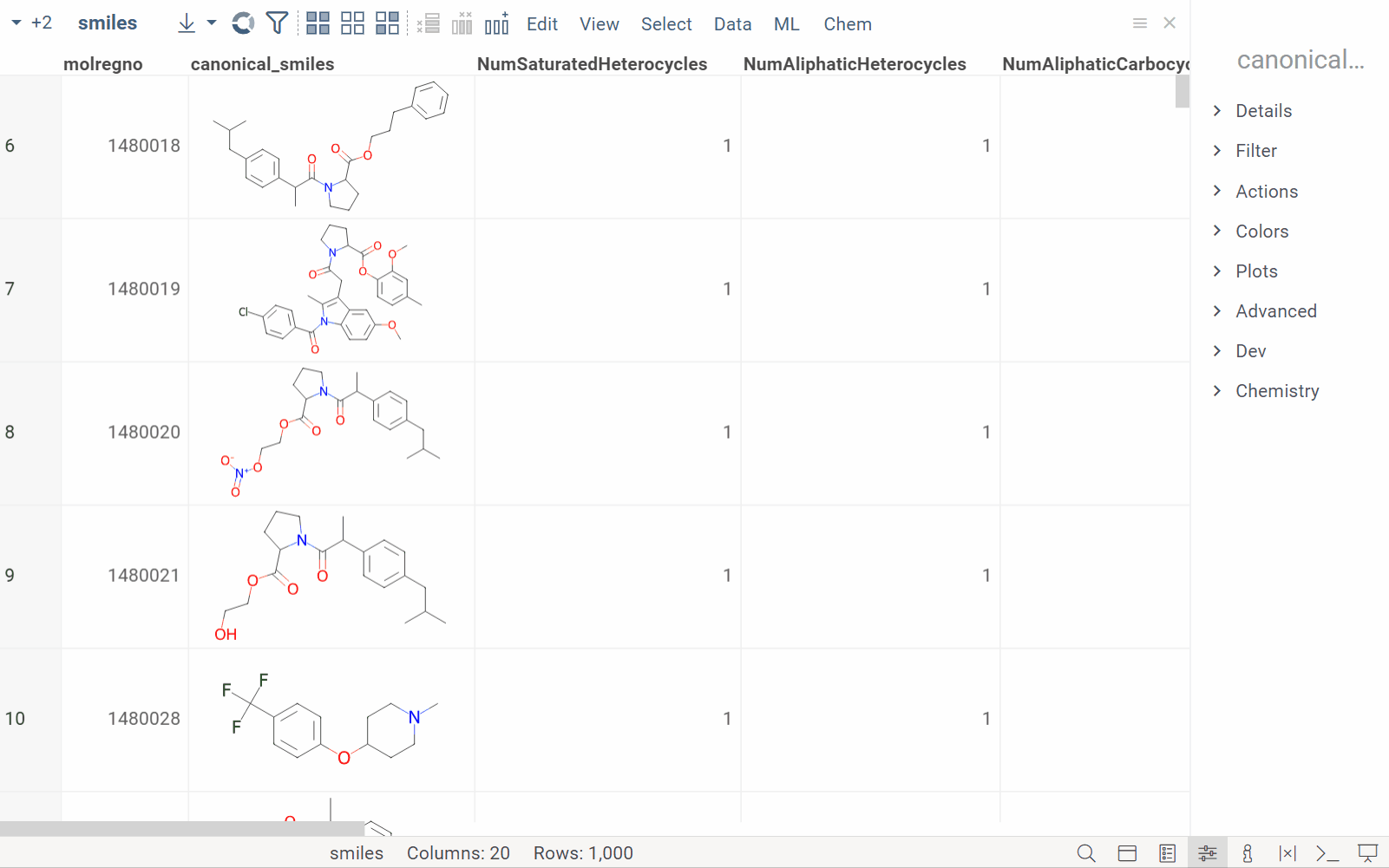 Column preview and filter by type